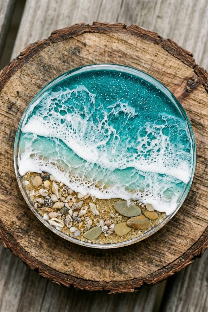 Top-down view of a circular layered resin art ideas project depicting a realistic beach and turquoise ocean scene with white frothy waves.