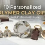 A high-quality cover image showing a collection of personalized polymer clay gifts including marbled arch earrings, a gold-flecked coaster, a leather-look keychain, and a jewelry dish.