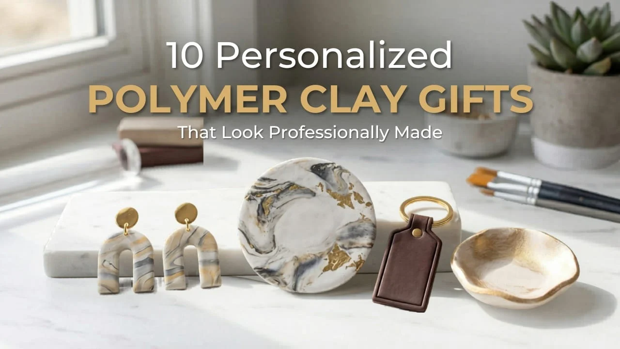 A high-quality cover image showing a collection of personalized polymer clay gifts including marbled arch earrings, a gold-flecked coaster, a leather-look keychain, and a jewelry dish.