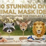 A professional display of 10 stunning DIY animal mask ideas including a fox, raccoon, deer, lion, and cat, showcasing creative inspiration for cosplay.