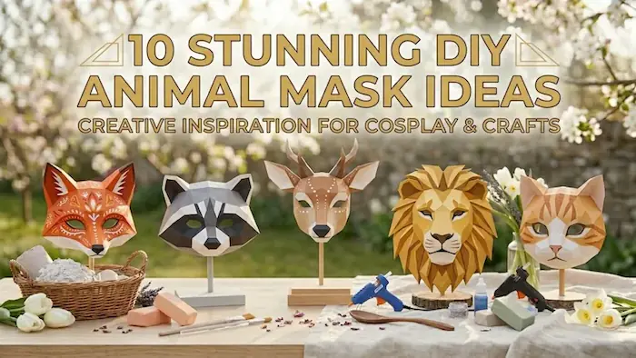 A professional display of 10 stunning DIY animal mask ideas including a fox, raccoon, deer, lion, and cat, showcasing creative inspiration for cosplay.
