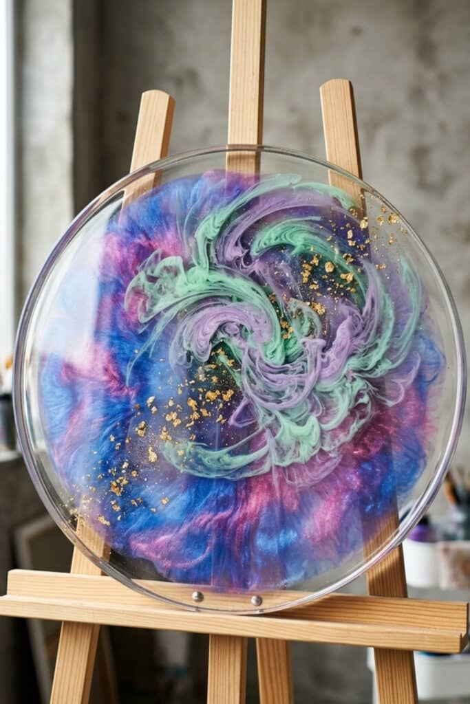 A circular layered resin art ideas nebula swirl piece with shimmering cobalt and mint green iridescent pigments.