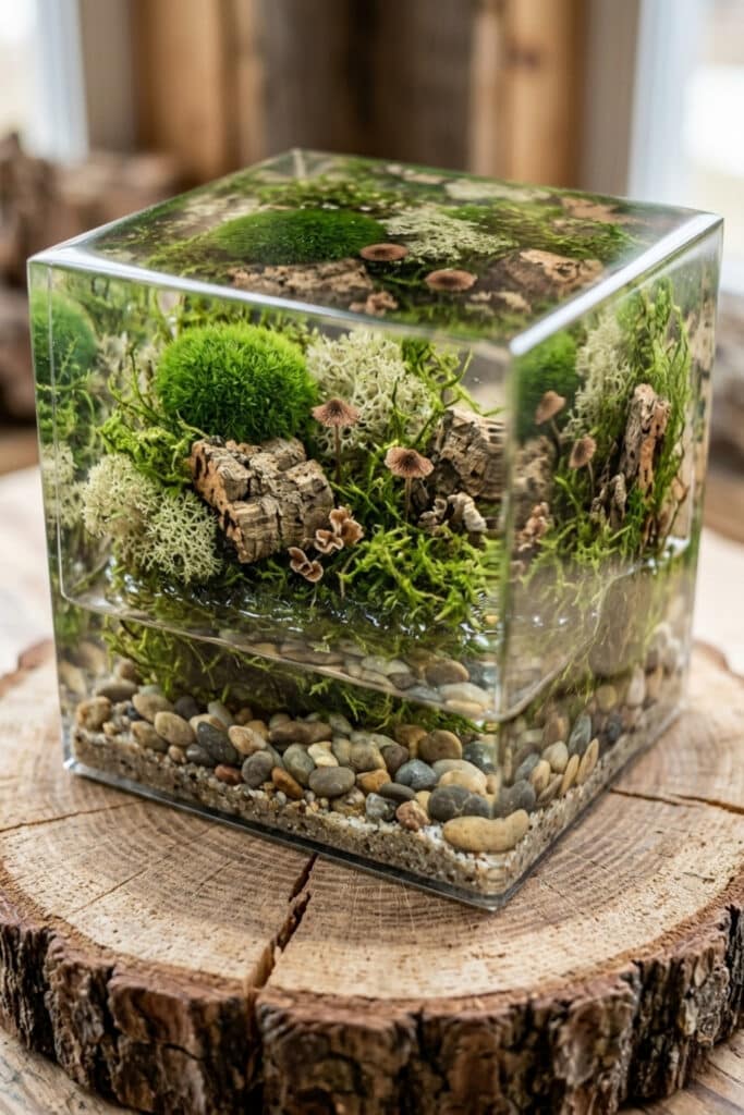 A cubic layered resin art ideas forest floor microcosm with preserved moss, mushrooms, and textured cork in a clear resin block.