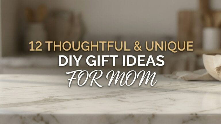 A minimalist cover image featuring a white marble surface with the text "12 THOUGHTFUL & UNIQUE DIY GIFT IDEAS FOR MOM" designed for aesthetic DIY Mother's Day gifts.
