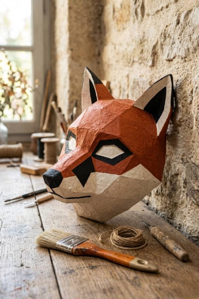 A clever woodland fox mask created using DIY animal mask ideas and paper mache.