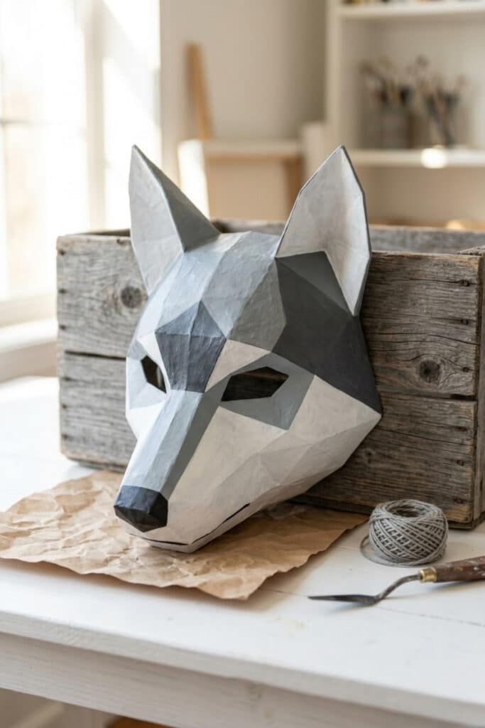 Modern low-poly wolf mask featuring sharp geometric DIY animal mask ideas.