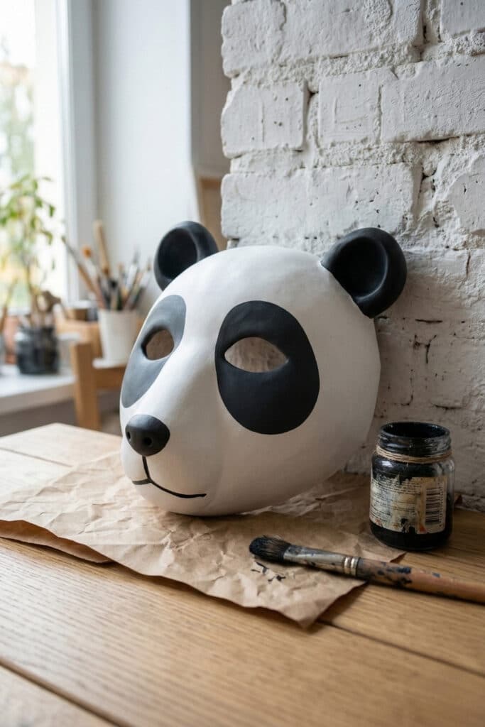 Minimalist giant panda head using rounded DIY animal mask ideas and paper clay.
