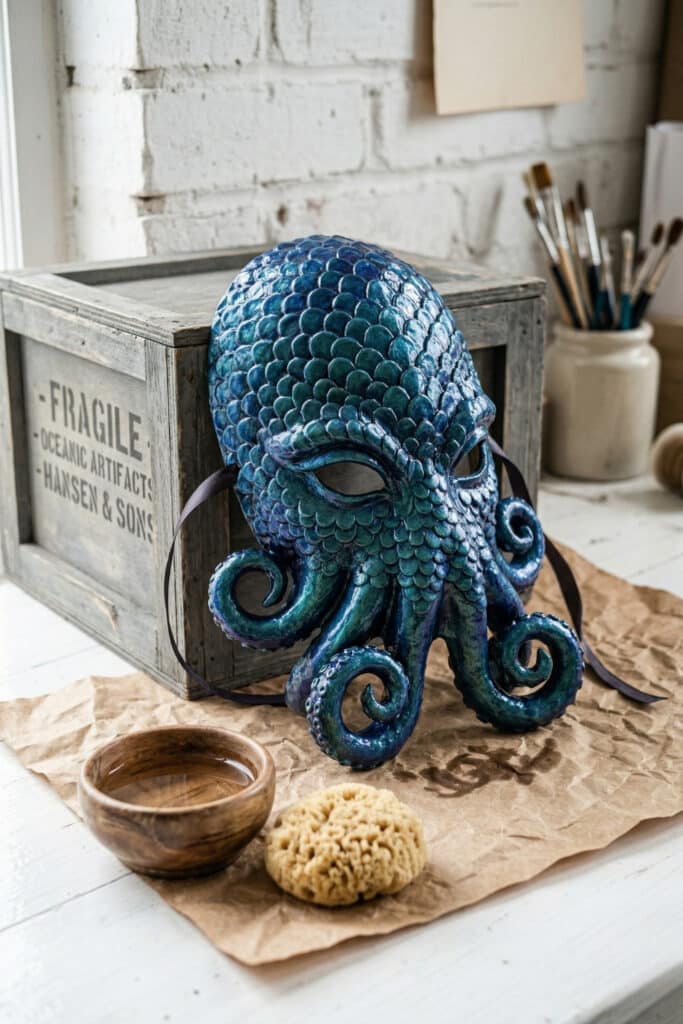 Iridescent kraken sea creature mask with textured DIY animal mask ideas.
