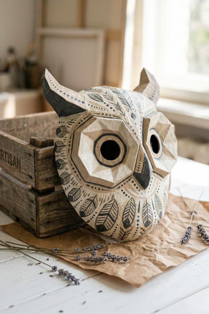 Barn owl mask with detailed paper-pulp feathers and DIY animal mask ideas.