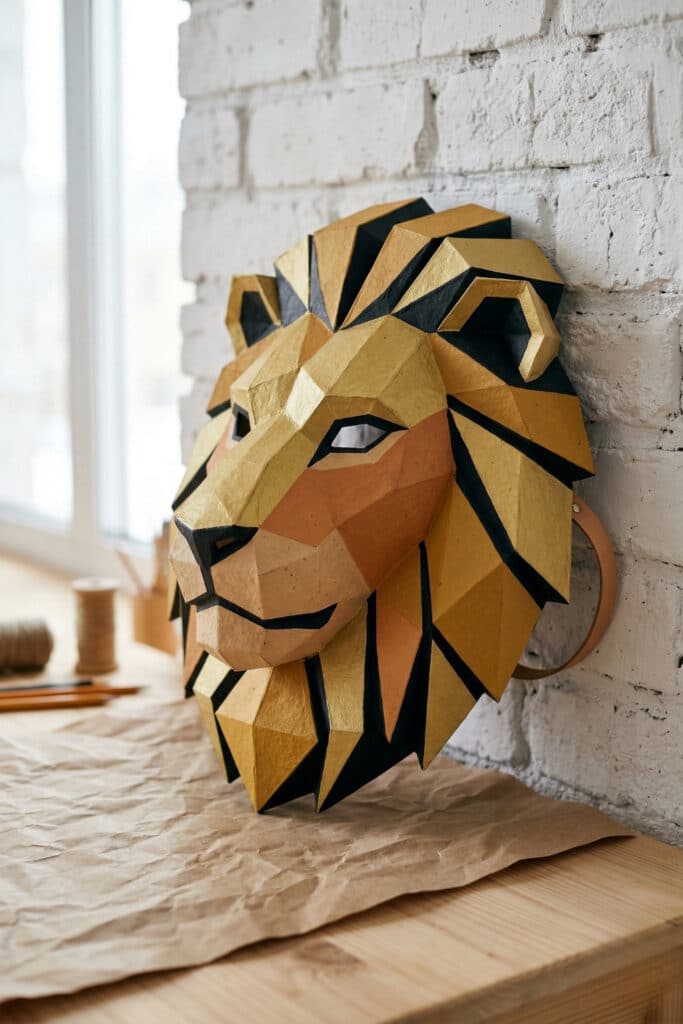 A majestic geometric lion mask using DIY animal mask ideas with a stylized mane and a warm gold and ochre color palette.