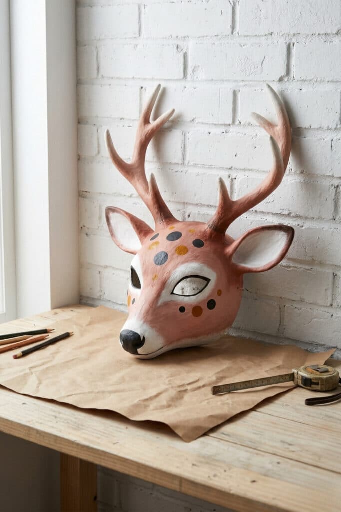 An elegant dotted deer mask featuring branchy antlers and russet tones, showcasing unique DIY animal mask ideas with a folk-art aesthetic.