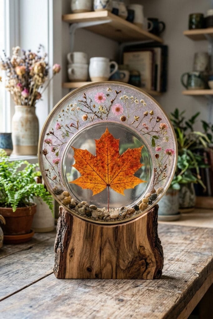 A circular layered resin art ideas piece featuring a large orange maple leaf and pink dried flowers mounted on a rustic wood stand.