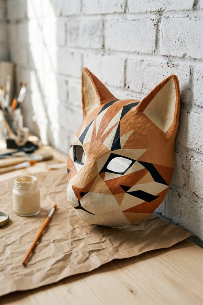 A sophisticated harlequin tabby cat mask using Venetian-style DIY animal mask ideas with gold and terracotta diamond patterns.