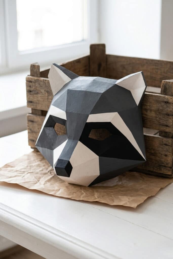 A geometric bandit raccoon mask with high-contrast black eye patches and sharp DIY animal mask ideas on a white base.