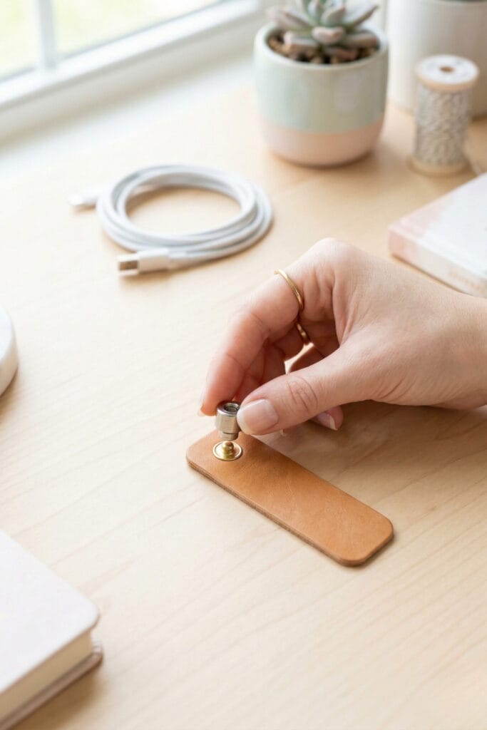 A close-up of a hand installing a metal snap fastener on a leather strip using a setter tool, perfect for functional leather scrap DIY ideas.