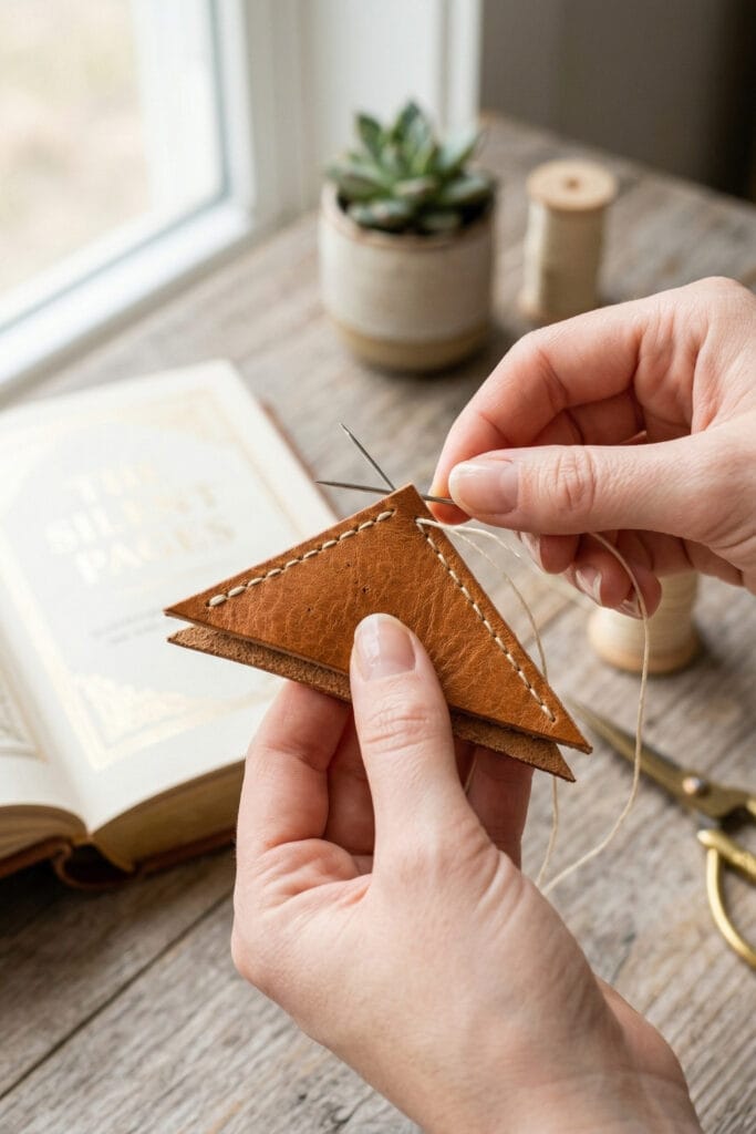 A close-up of a person hand-stitching a triangular leather corner bookmark, illustrating beginner-friendly leather scrap DIY ideas in a luxury minimalist style.
