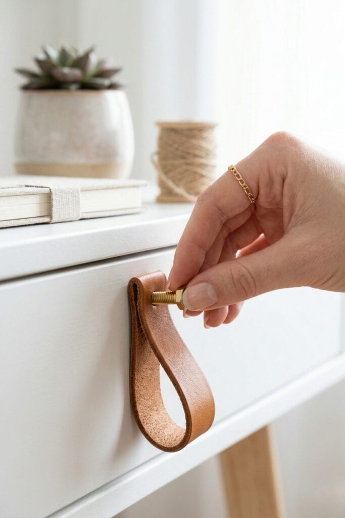 A close-up of a hand installing a modern leather drawer pull with a brass bolt, showcasing functional leather scrap DIY ideas for home decor.