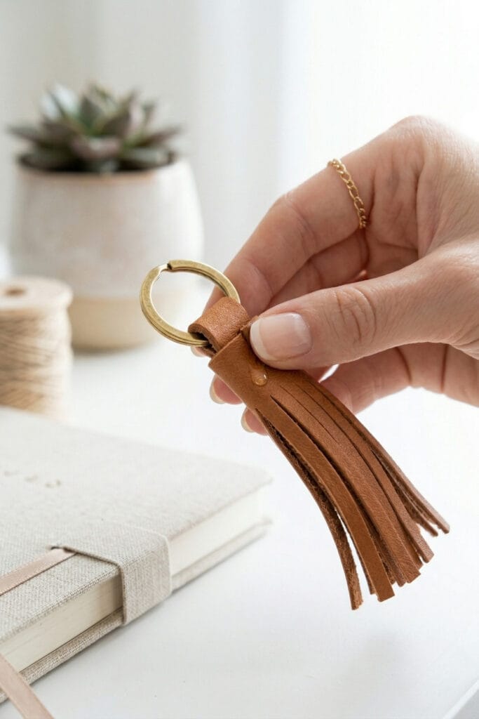 A hand holding a stylish handmade brown leather tassel keychain, a perfect example of minimalist leather scrap DIY ideas.