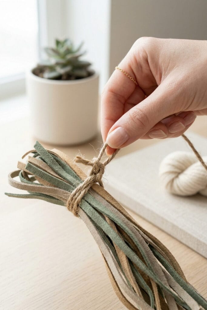 A hand tying a knot around a bundle of thin suede strips with twine to create a durable cat teaser, illustrating clever leather scrap DIY ideas.
