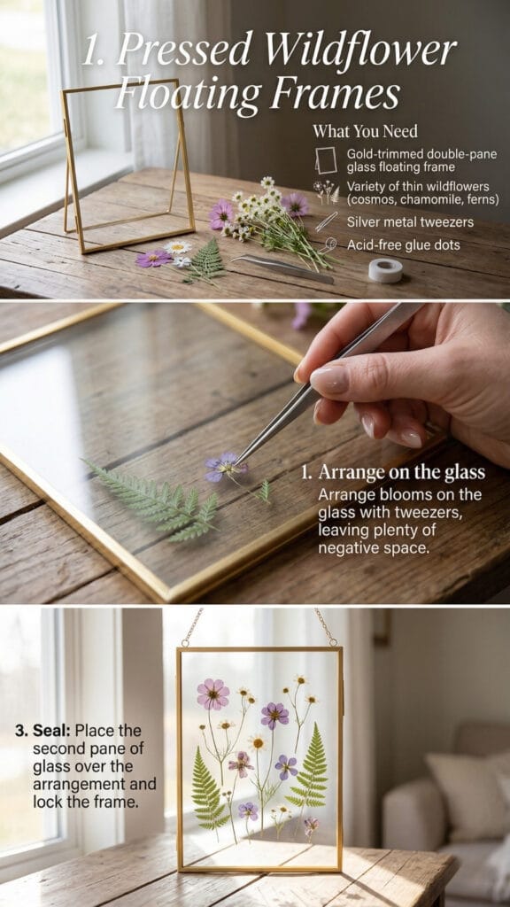 An infographic for a Pressed Wildflower Floating Frame project, one of our top DIY Mother's Day gifts, displaying materials and steps for arranging and sealing blooms in a gold-trimmed glass frame.