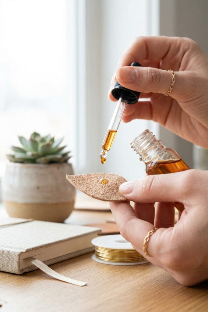 A close-up shot showing a drop of essential oil being applied to the back of a leaf-shaped leather piece, highlighting clever leather scrap DIY ideas for natural aromatherapy jewelry.