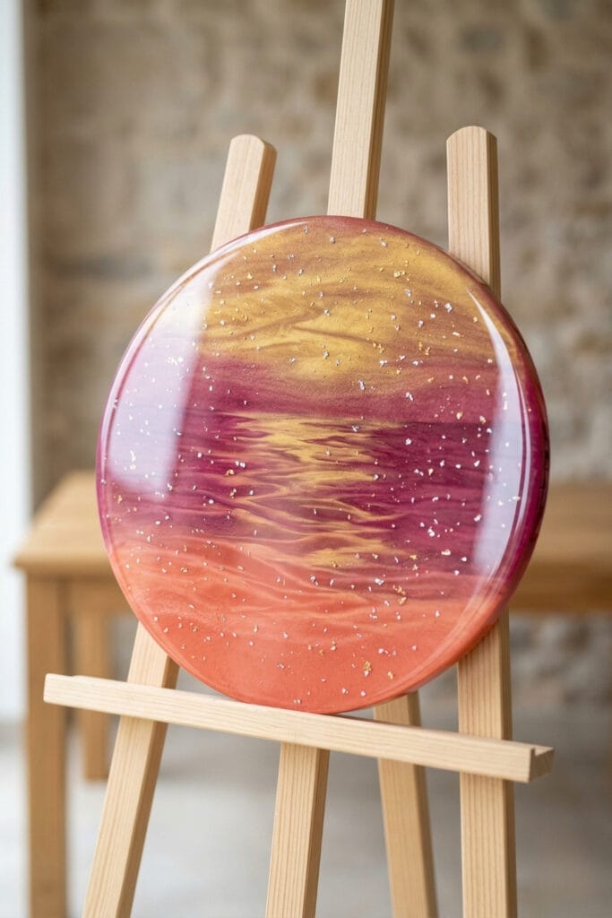 A circular layered resin art ideas abstract sunset with shimmering gold and magenta gradients displayed on a wooden easel.