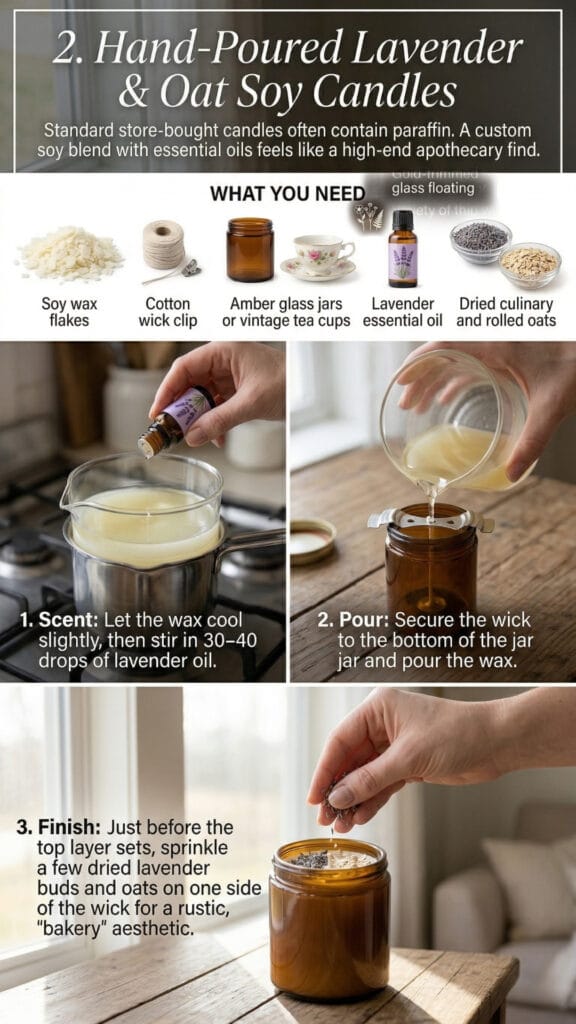 An instructional infographic for making Hand-Poured Lavender & Oat Soy Candles, part of a curated collection of DIY Mother's Day gifts, showing materials and pouring steps.