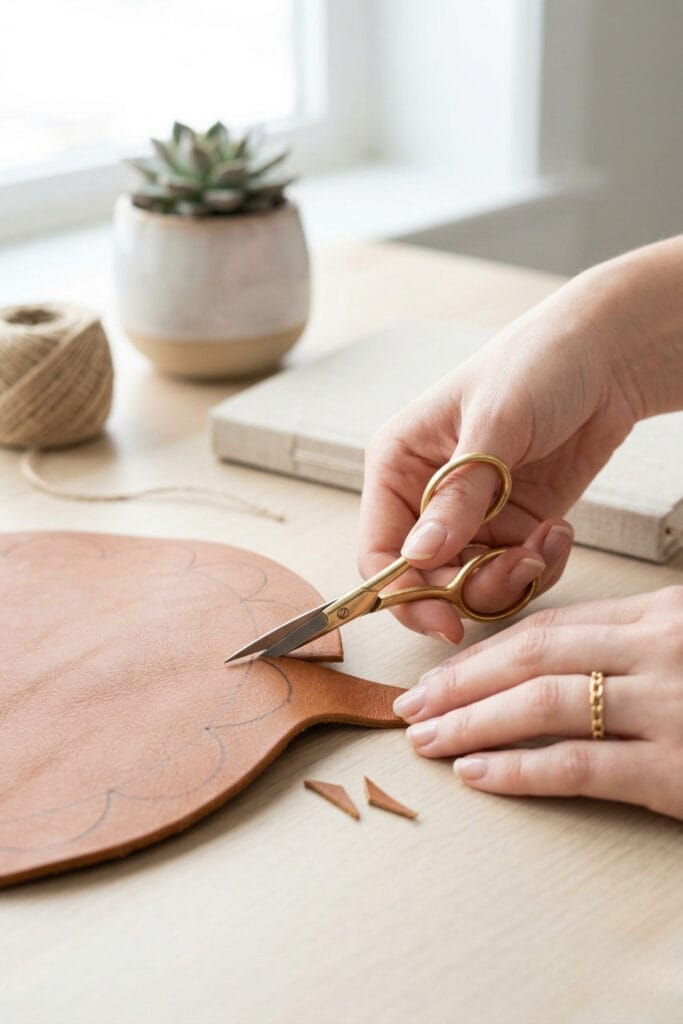 A close-up of a hand using sharp gold scissors to trim a scalloped edge on a leather coaster, representing easy and elegant leather scrap DIY ideas.