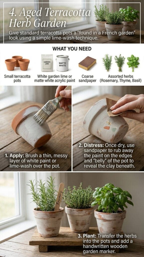 An infographic tutorial for an Aged Terracotta Herb Garden, a charming project from our DIY Mother's Day gifts guide showing materials and steps for a French-garden look.