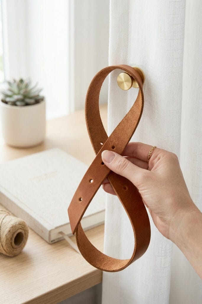 A hand positioning a minimalist leather loop curtain tie-back on a decorative brass hook, showcasing functional leather scrap DIY ideas.