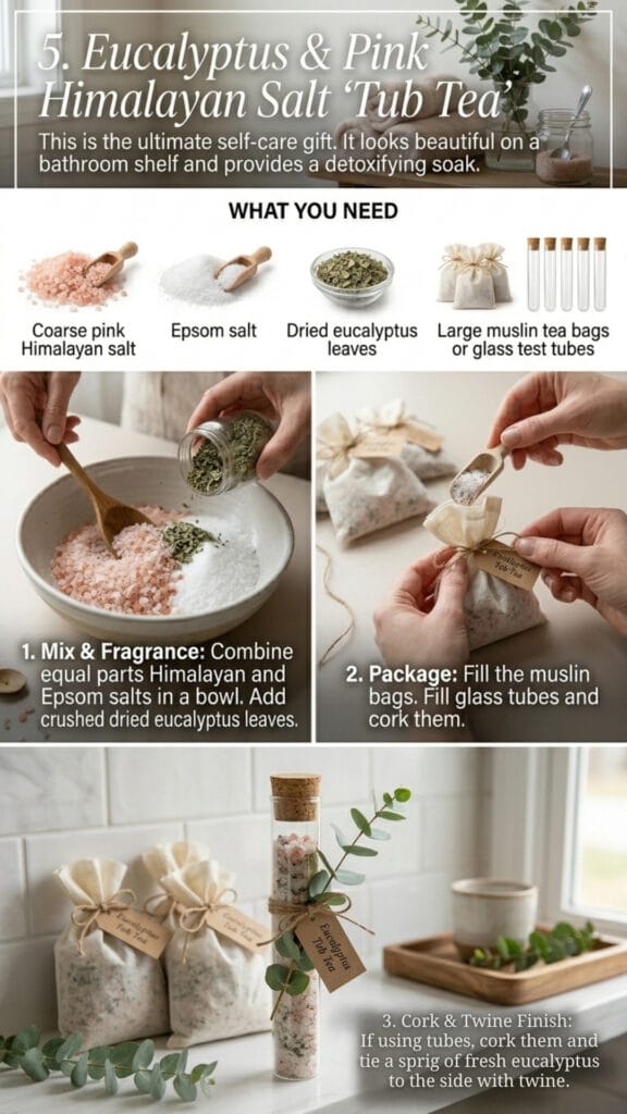 An infographic tutorial for making Eucalyptus & Pink Himalayan Salt 'Tub Tea', a detoxifying self-care project from our DIY Mother's Day gifts collection, showing ingredients and steps.