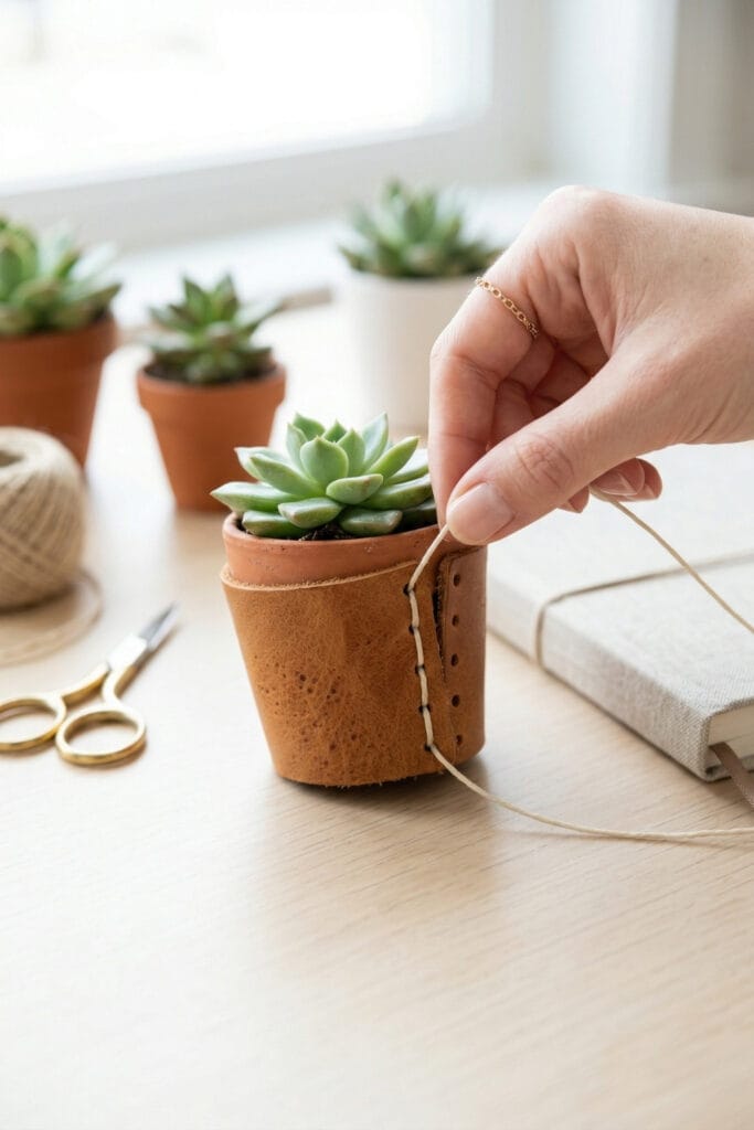 A hand lacing up a rustic leather wrap around a mini succulent pot with a thin cord, showcasing creative leather scrap DIY ideas for indoor plants.