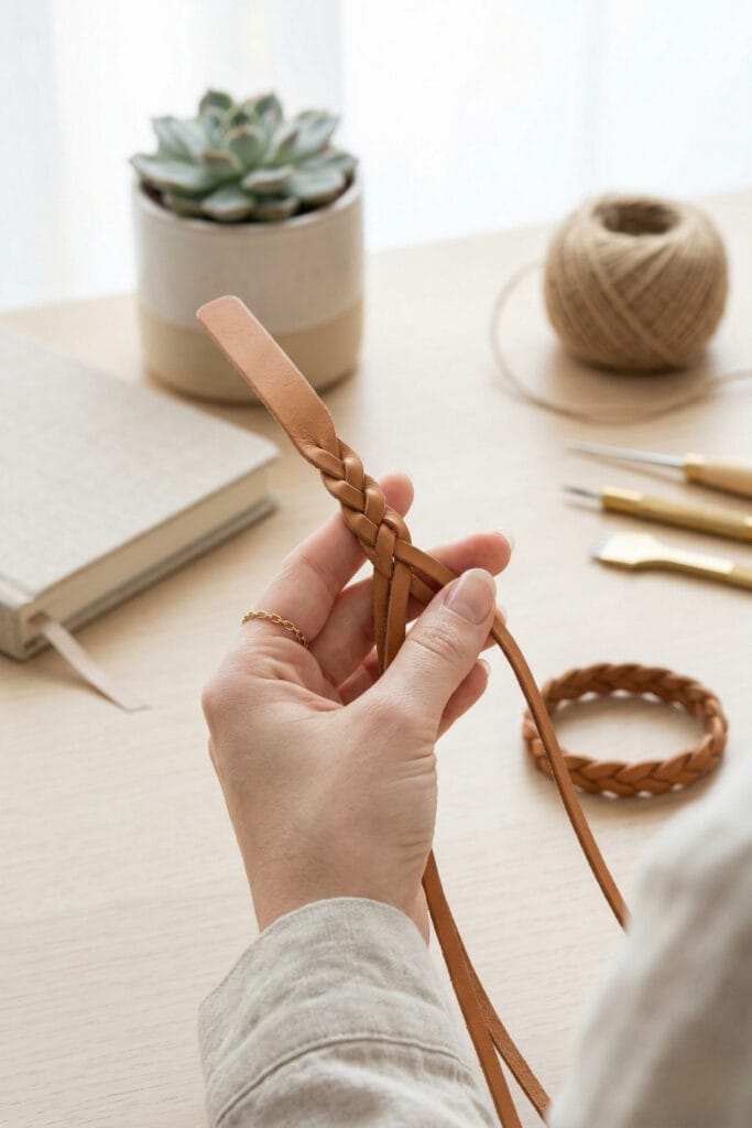 A close-up of a hand braiding a three-strand wristband, showcasing creative leather scrap DIY ideas in a minimalist studio setting.