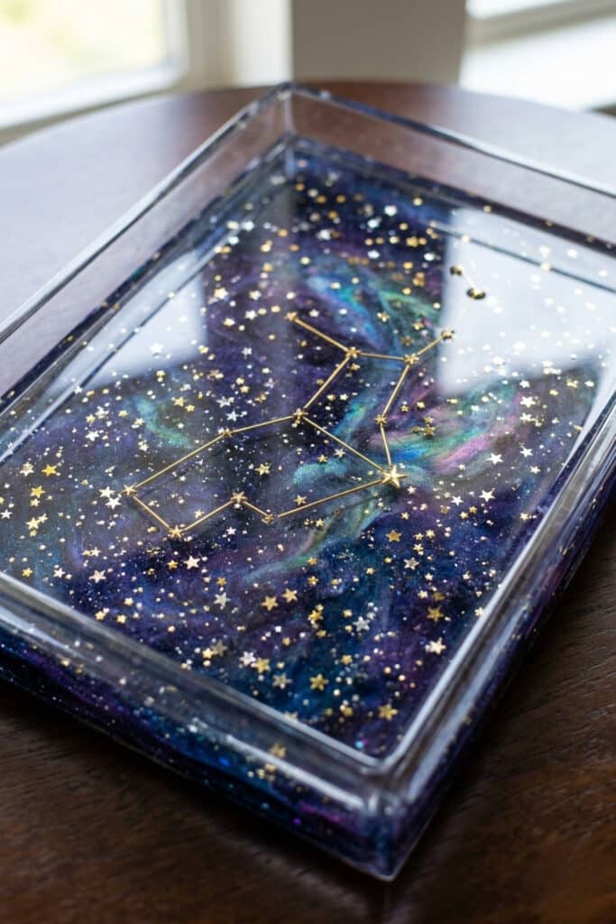 A rectangular layered resin art ideas tray with a deep indigo celestial theme and gold wire star constellations.