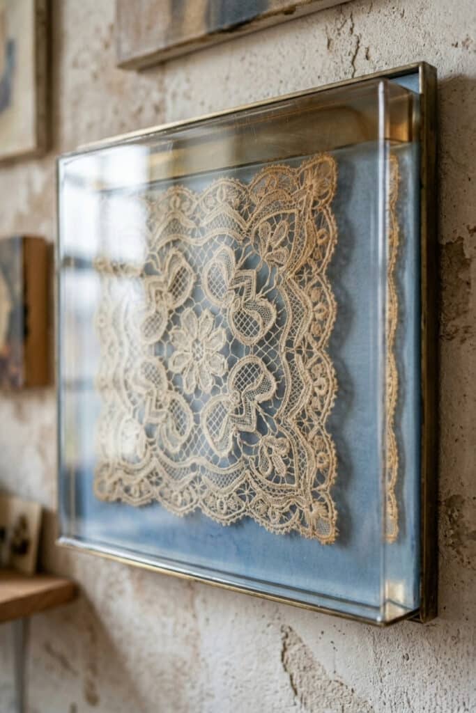 A square-framed layered resin art ideas piece with intricate vintage lace preserved against a soft blue background.