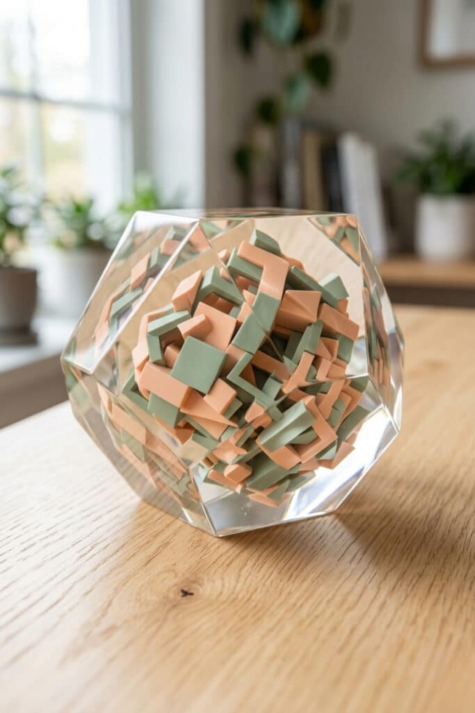 A polished layered resin art ideas faceted gemstone paperweight with internal geometric polymer clay patterns.