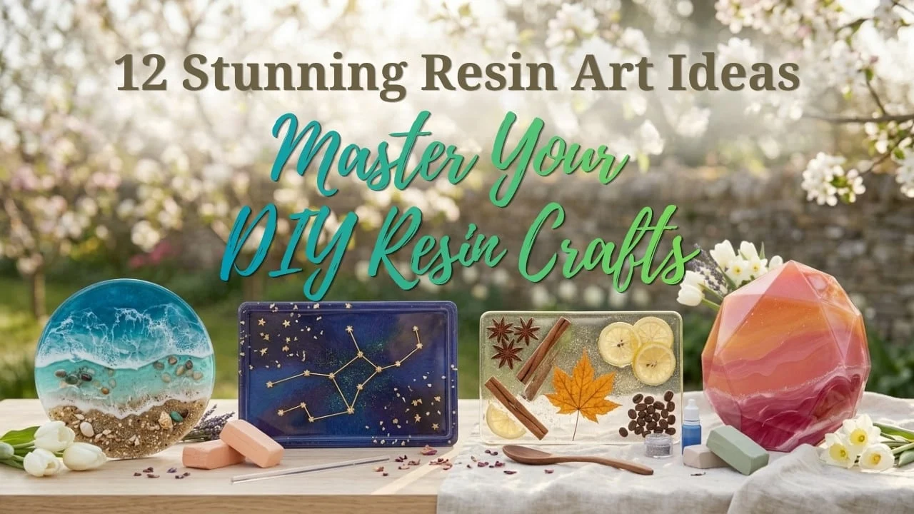 A professional showcase of 12 stunning layered resin art ideas including a realistic ocean seascape, a celestial constellation tray, a preserved culinary block, and a vibrant faceted geometric gem.