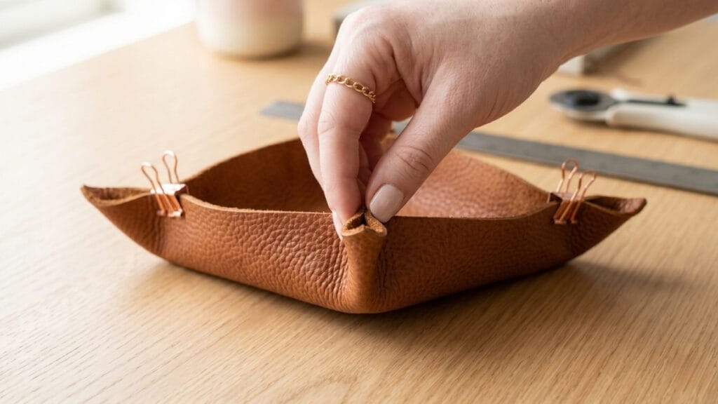 No-Sew Leather Valet Tray clamping corners