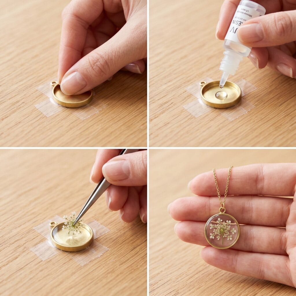 A 4-panel step-by-step masterclass showing how to seal, pour, decorate, and cure a UV resin botanical pendant.