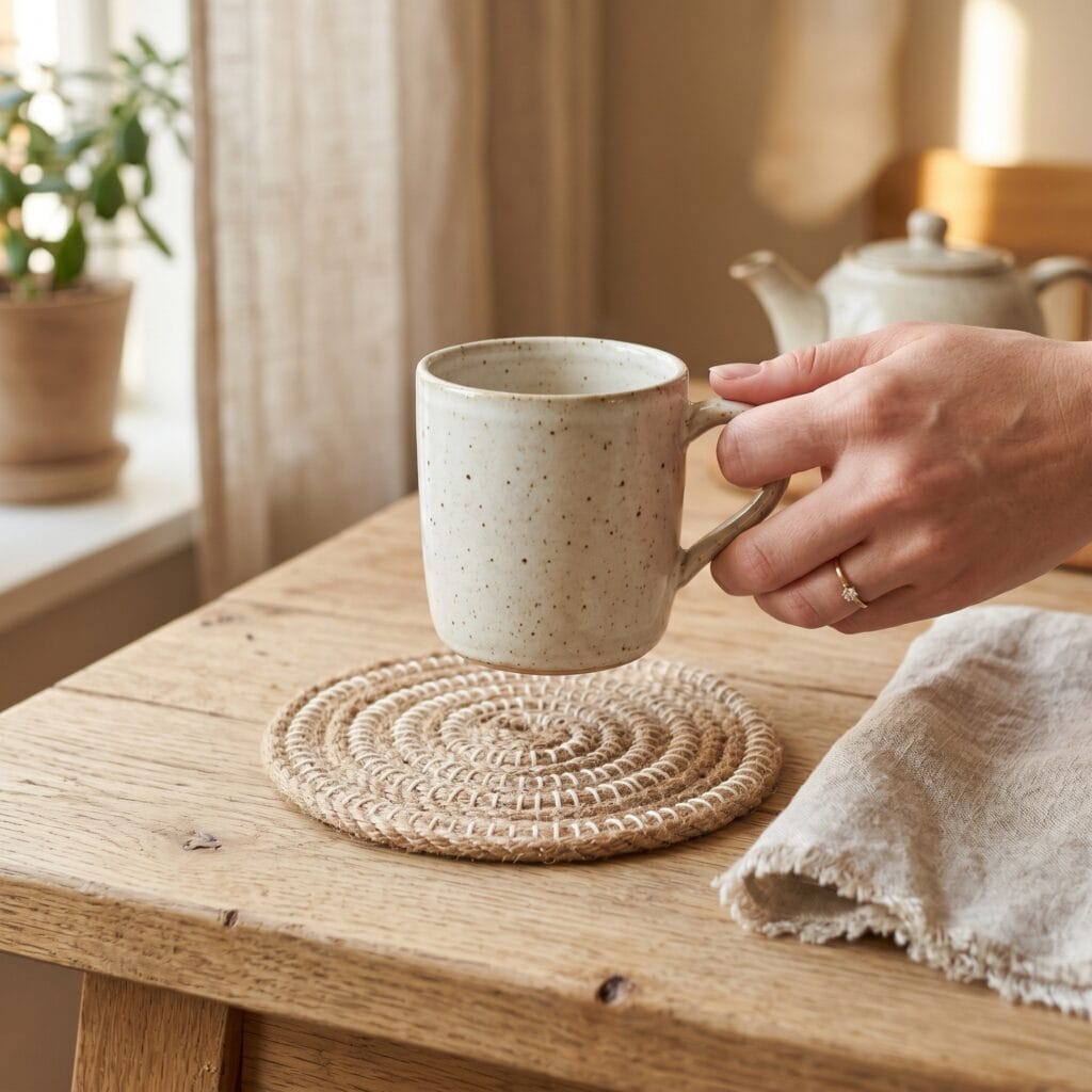 A rustic round coaster made from coiled natural jute rope held together by neat artisan cream white blanket stitches sitting on a light oak table