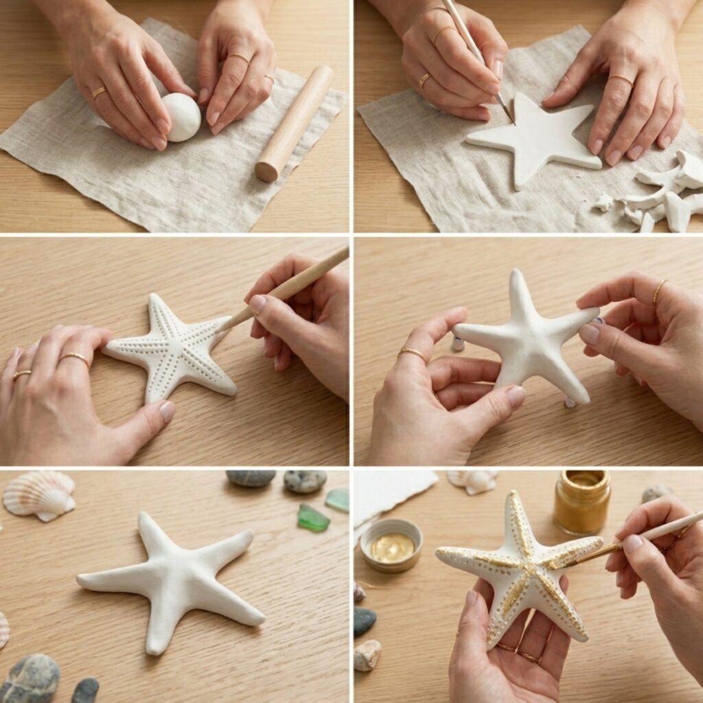 A perfectly square 2x2 photo grid tutorial showing the step-by-step DIY process of making a minimalist clay starfish for coastal home decor.