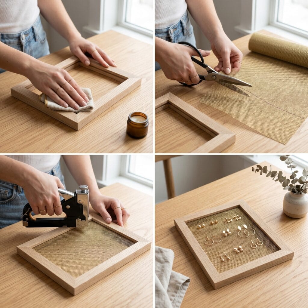 A 4-panel step-by-step masterclass showing how to make and use a framed brass mesh earring holder.