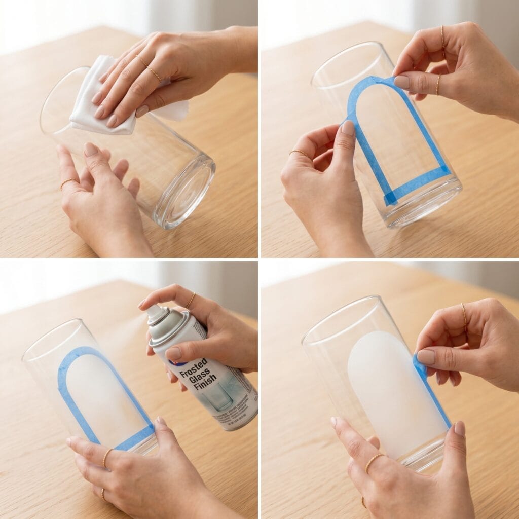 A 4-panel step-by-step masterclass showing how to make a minimalist frosted arch vase for modern Glass Painting and Decoration.