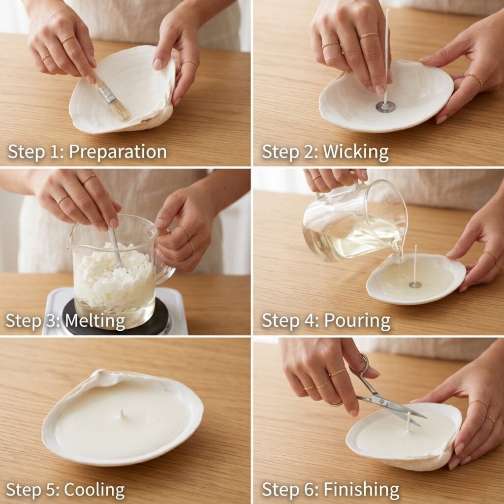 A 2x2 photo grid tutorial showing the step-by-step DIY process of making aesthetic candles using large clam shells and natural soy wax for beautiful coastal decor.