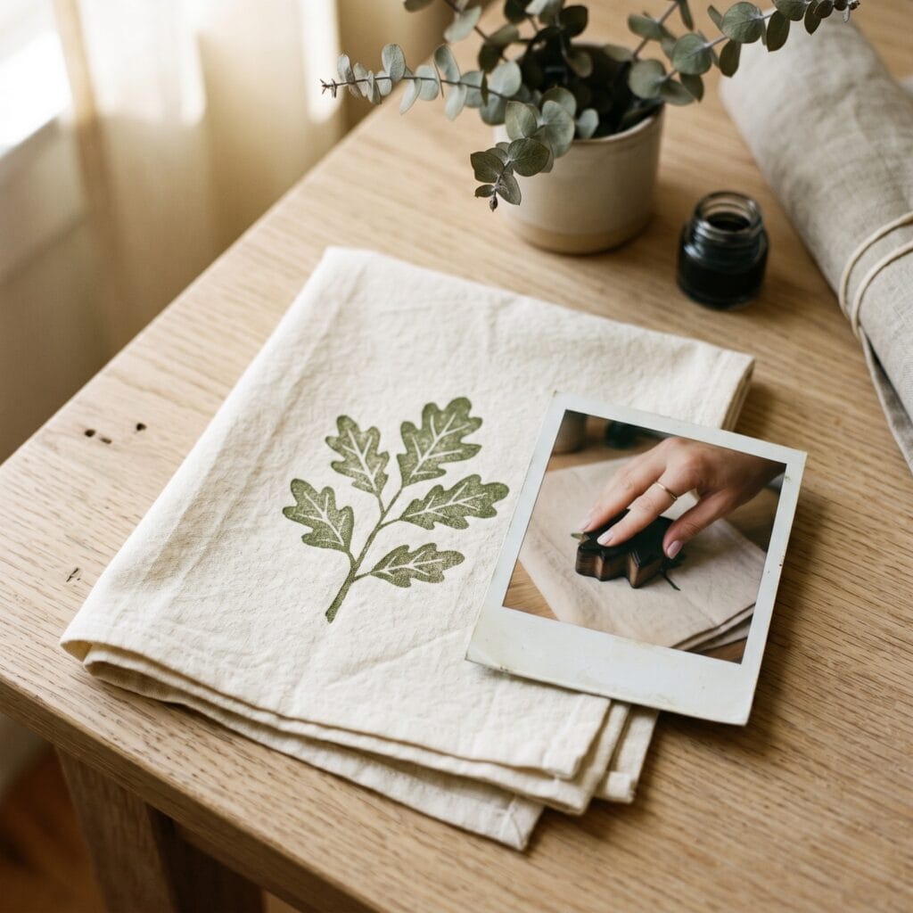 A natural white cotton tea towel with an earthy green botanical leaf block print showcasing slight organic ink fading and resting next to a physical vintage polaroid snapshot on a light oak wood table