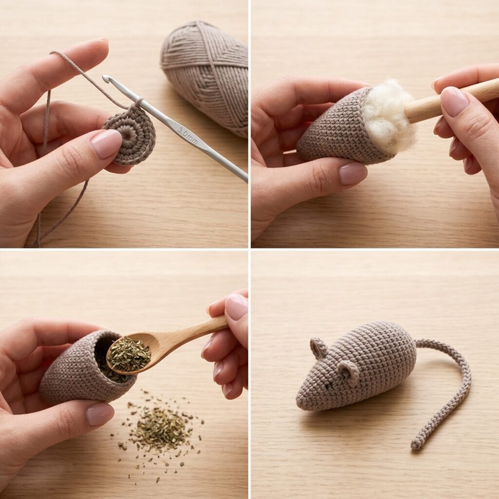 A 4-panel step-by-step masterclass showing how to crochet, stuff, and finish a minimalist catnip mouse toy.