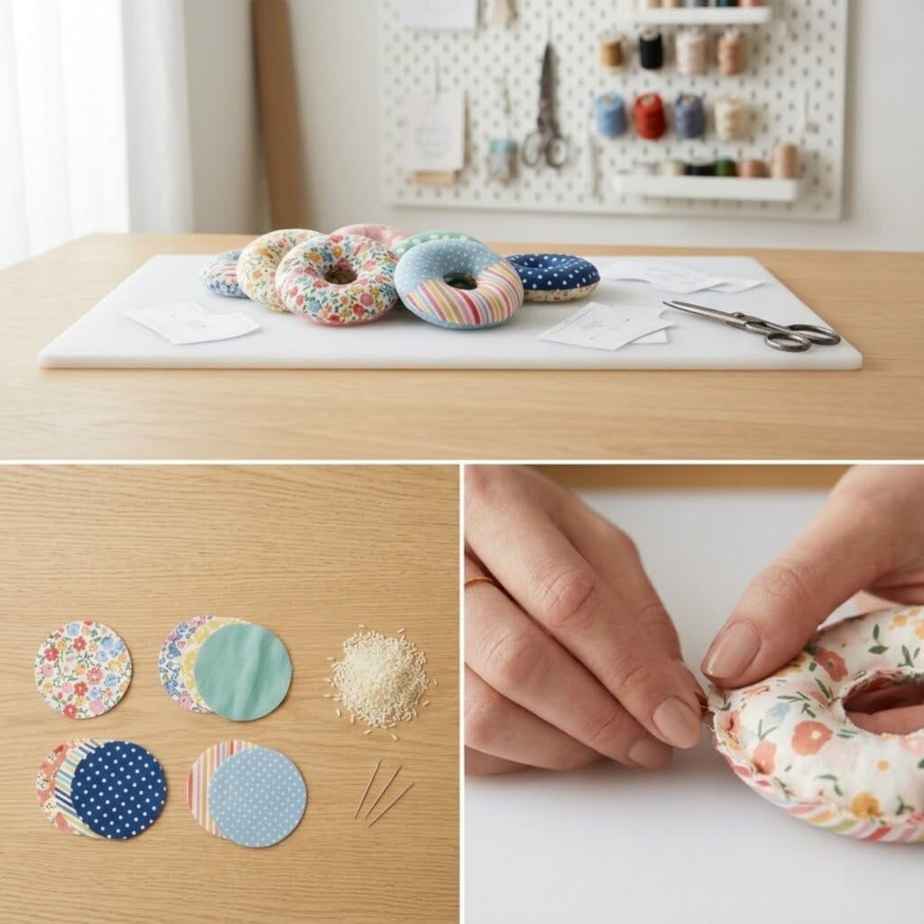 A 3-panel sewing tutorial layout showing fabric circles and dry rice, a manicured hand stitching a doughnut shape, and a neat pile of finished colorful fabric doughnut pattern weights resting on a white cutting board.