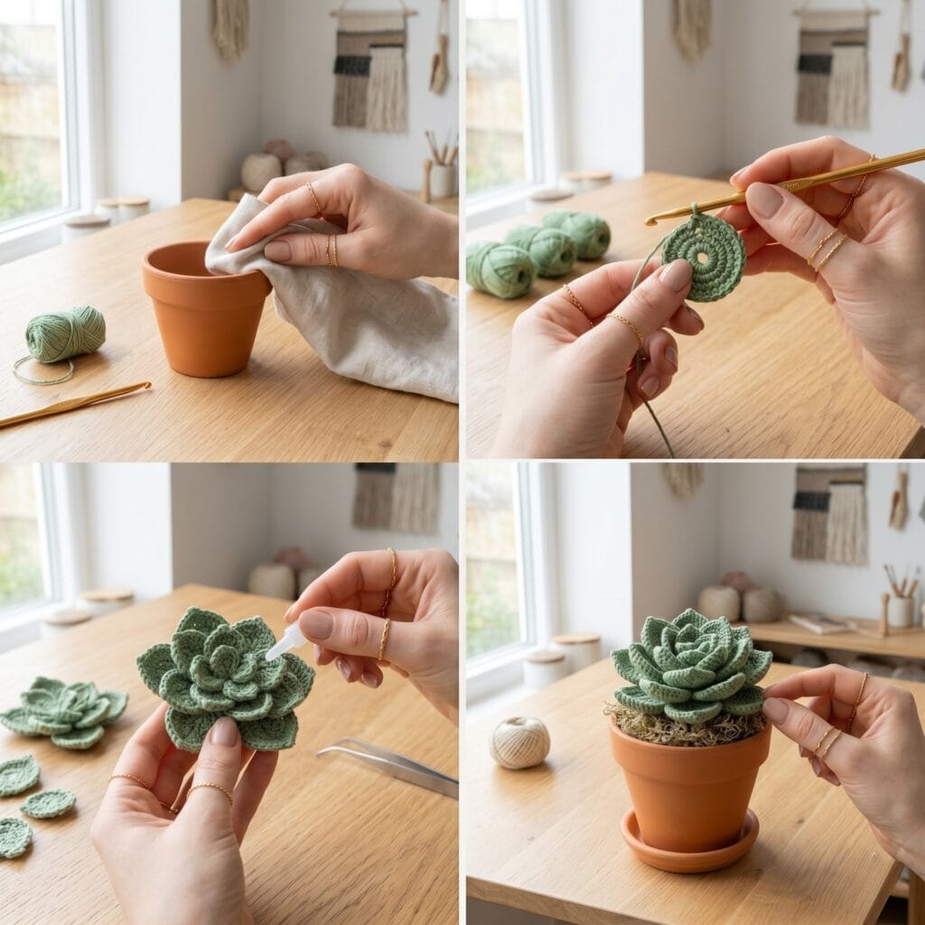 A 4-panel step-by-step masterclass showing how to crochet, assemble, and pot a minimalist rosette succulent.