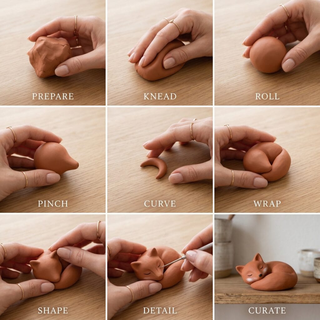 A 9-panel step-by-step editorial grid showing the process of making a minimalist terracotta clay sleeping fox, ending with the finished figurine curated on a wooden shelf.