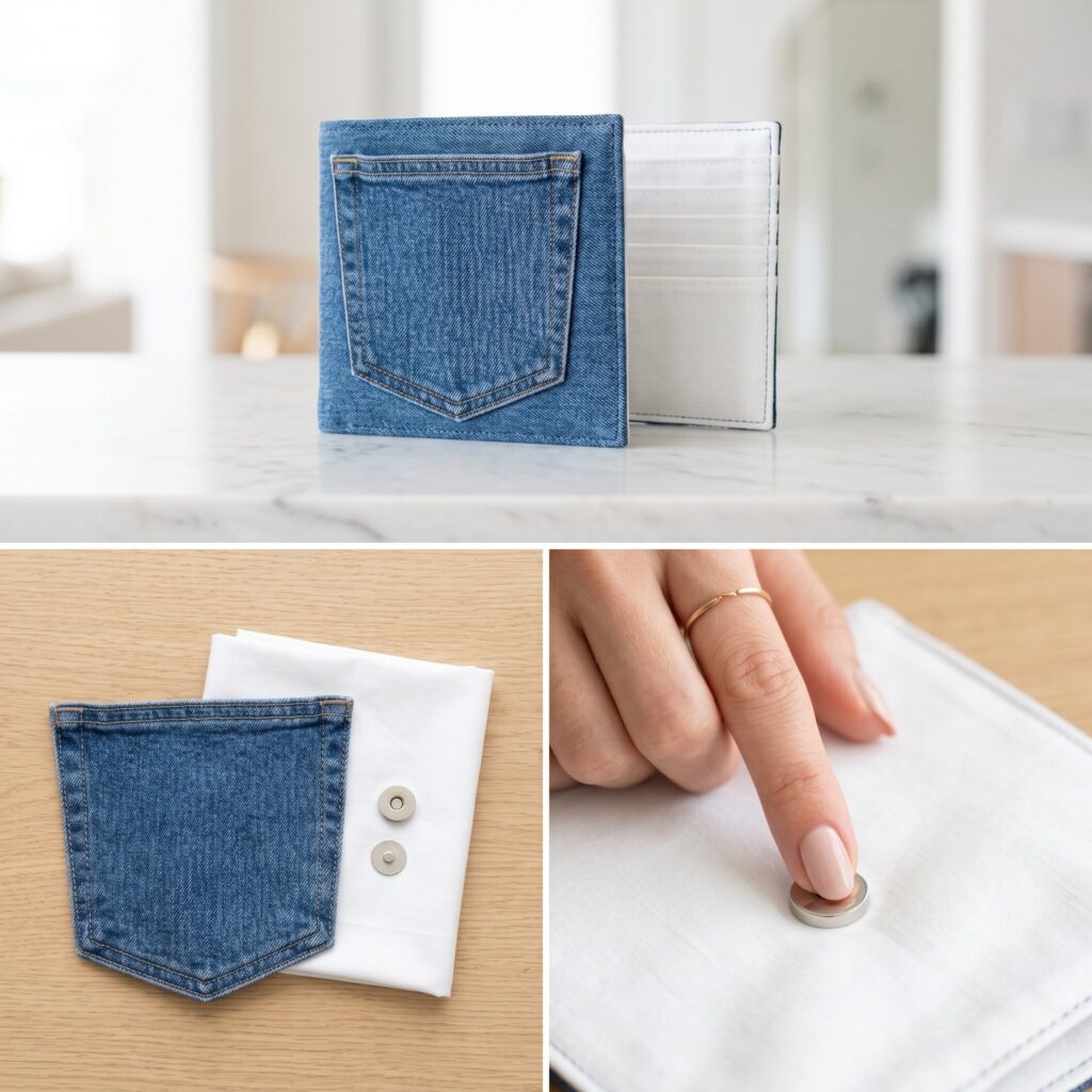 A 3-panel sewing tutorial layout showing a classic blue denim back pocket, white cotton lining fabric, and a manicured hand pressing a silver magnetic snap closure, alongside the finished bi-fold wallet resting slightly open on a white marble kitchen counter.